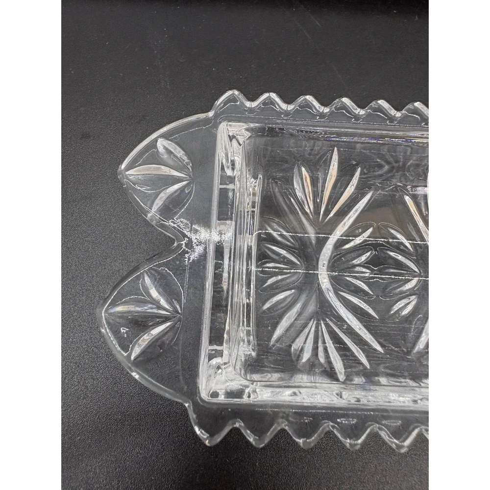 Vintage Clear Pressed Glass Celery Dish Relish Tray Starburst Sawtooth Footed